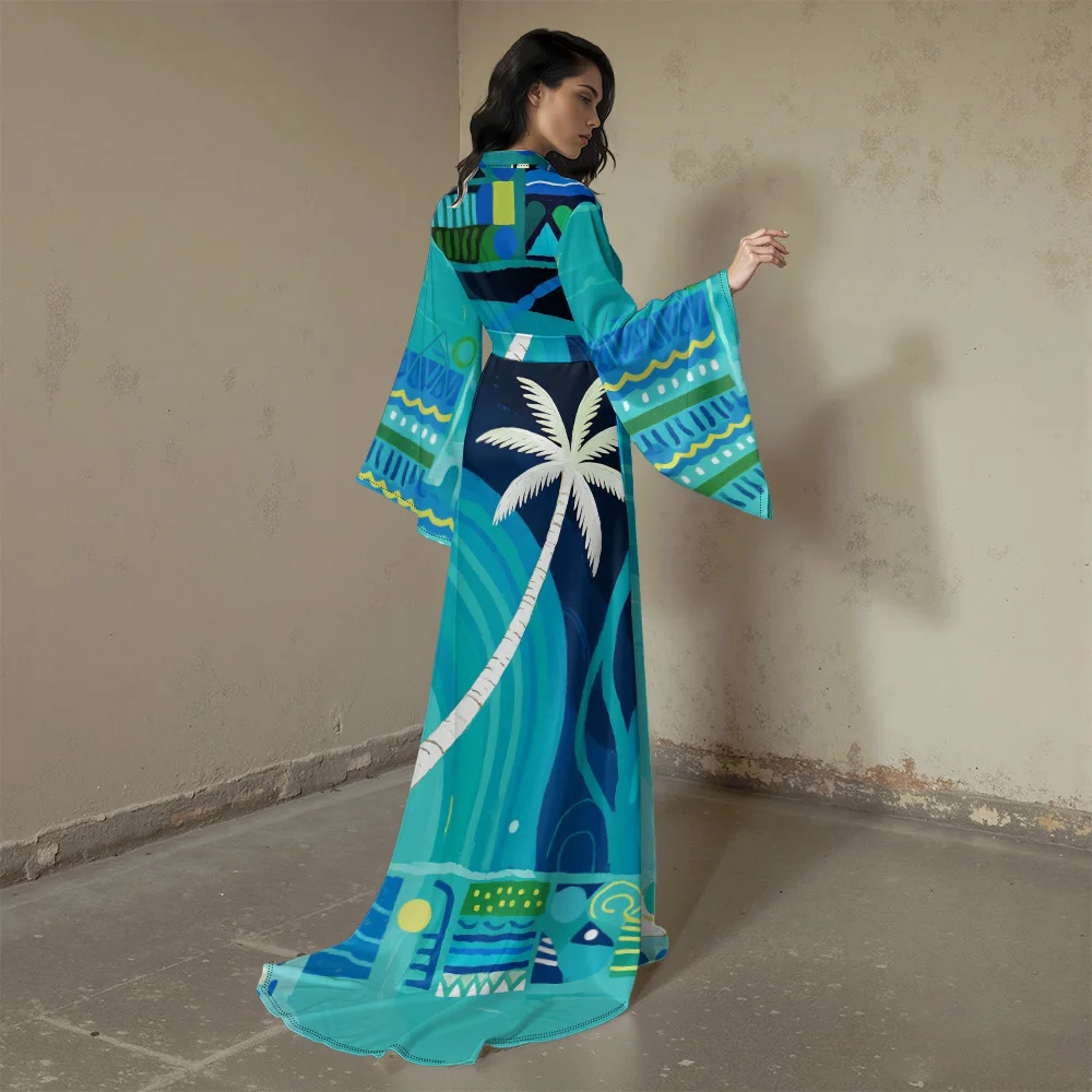 Tropical Coconut Print Kimono Robe Women Sexy Soft V-Neck Belted Long Robe Beach Cover Up Lightweight Loungewear for Vacation
