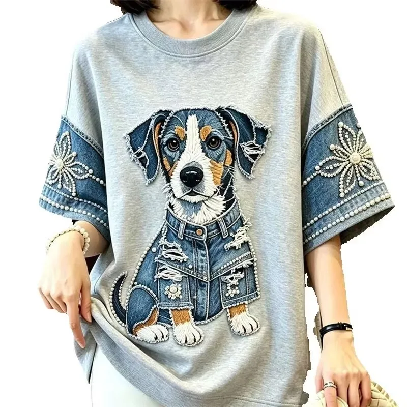 Summer Embroidered Puppy Denim Patchwork T-shirt 2026 New Fashion Women T-shirts Blouse Short Sleeve Retro Round Neck Top Unisex