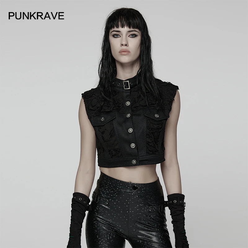 

Женский крутой рваный сетчатый тканый воротник-стойка в стиле панк в стиле панк, свободный короткий жилет с персонализированными пуговицами черепа, красивые топы Rebellious