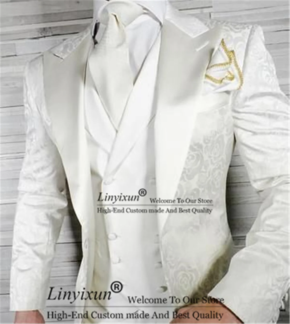 

White Jacquard Men Suits 3 Piece Jacket Vest Pants Set Wedding Groom Tuxedos Formal Business Male Blazer Slim Fit Costume Homme
