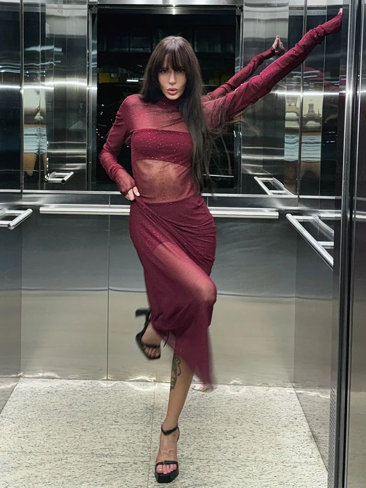 Sequined Mesh Dresses For Women Fashion Sexy Streetwear Solid See Through Turtleneck Full Sleeves Long Vestidos Robes Female Fit