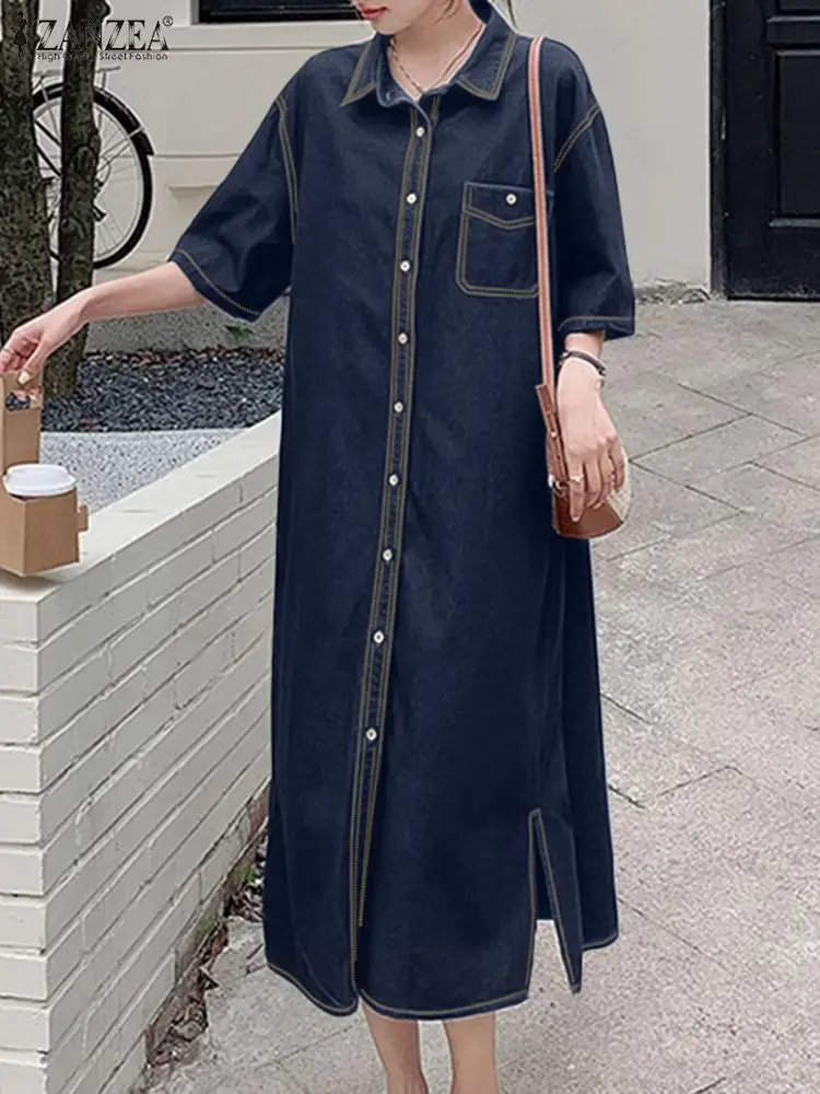 2024 ZANZEA Summer Denim Blue Shirt Dress Oversize Women Elegant Button Down Midi Vestidos Short Sleeve Lapel Neck Sundress Robe