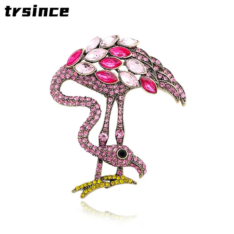 Retro Elegant Flamingo Brooch Women's Colored Rhinestone Fashion Temperament Pin Coat Suit Corsage Accessories Pins