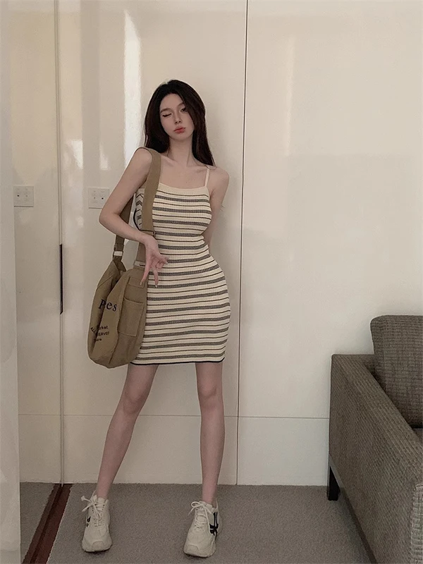 Sexy Stripe Skirt for Women Summer New Style High Waist Slim Fit Bodycon Short Skirt Nightclub Style Cotton Knitted Dress