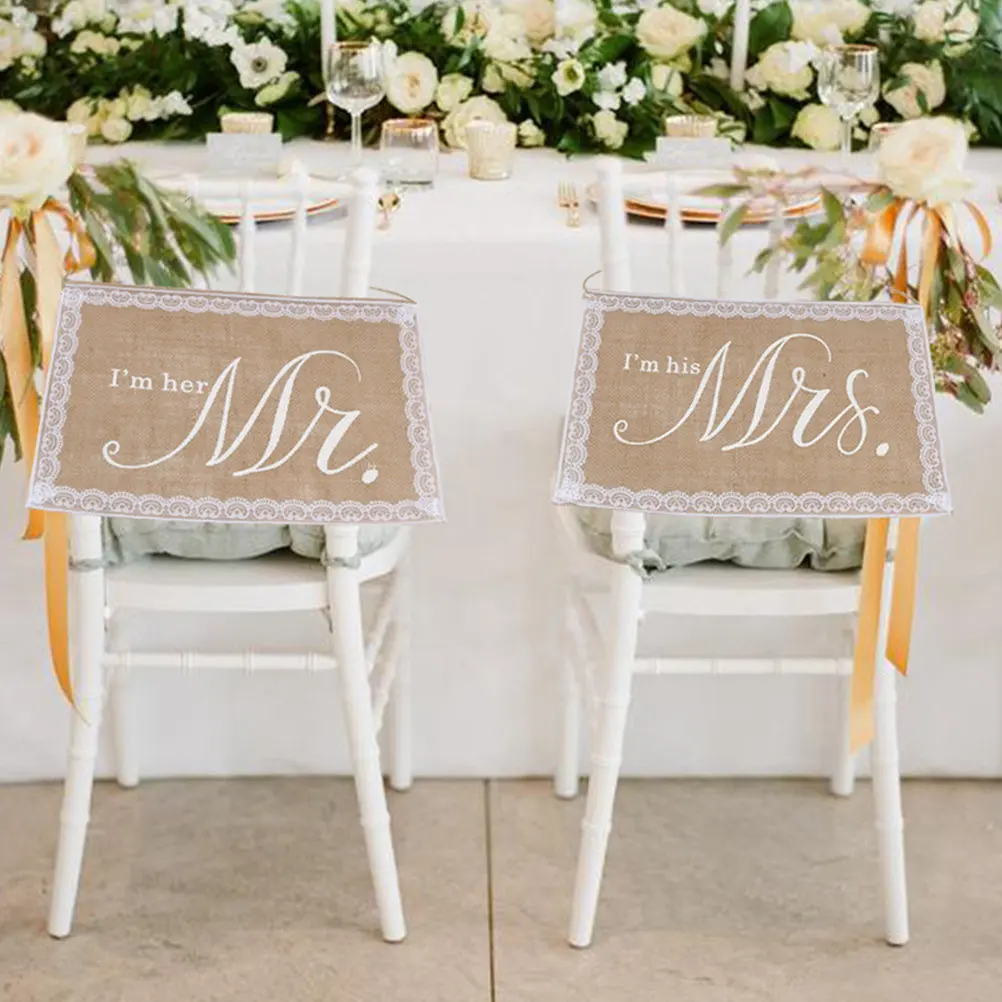 2Pcs Bride Groom Chair Back Decorations Mr Mrs Banner Wedding Party Supplies Engagement Bridal Shower Mr and Mrs Chair Banner