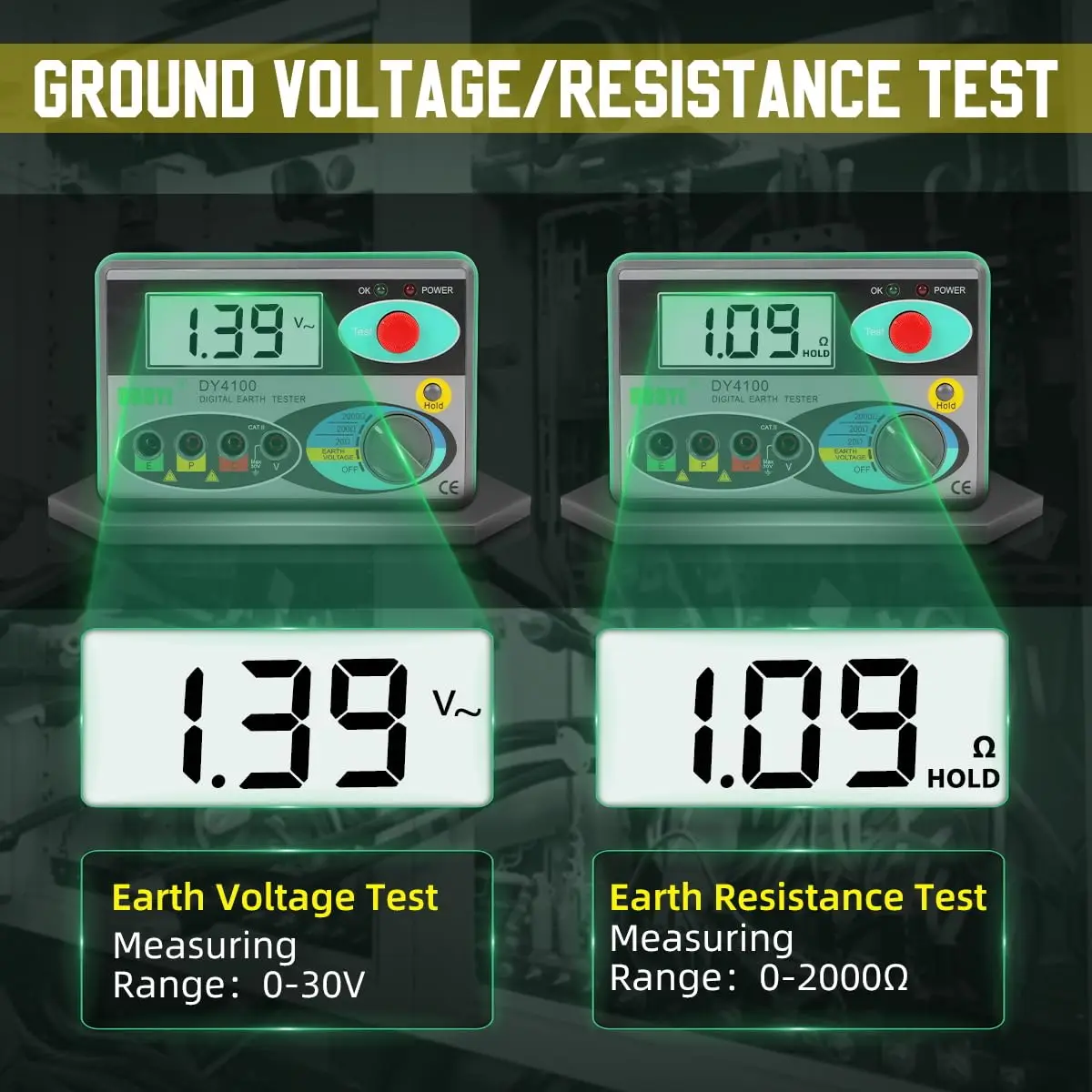 Digital Earth Ground Resistance Tester,0-2000 ohm Meter Earth Resistance Tester,Overload Protection AC Ground Voltage Meter