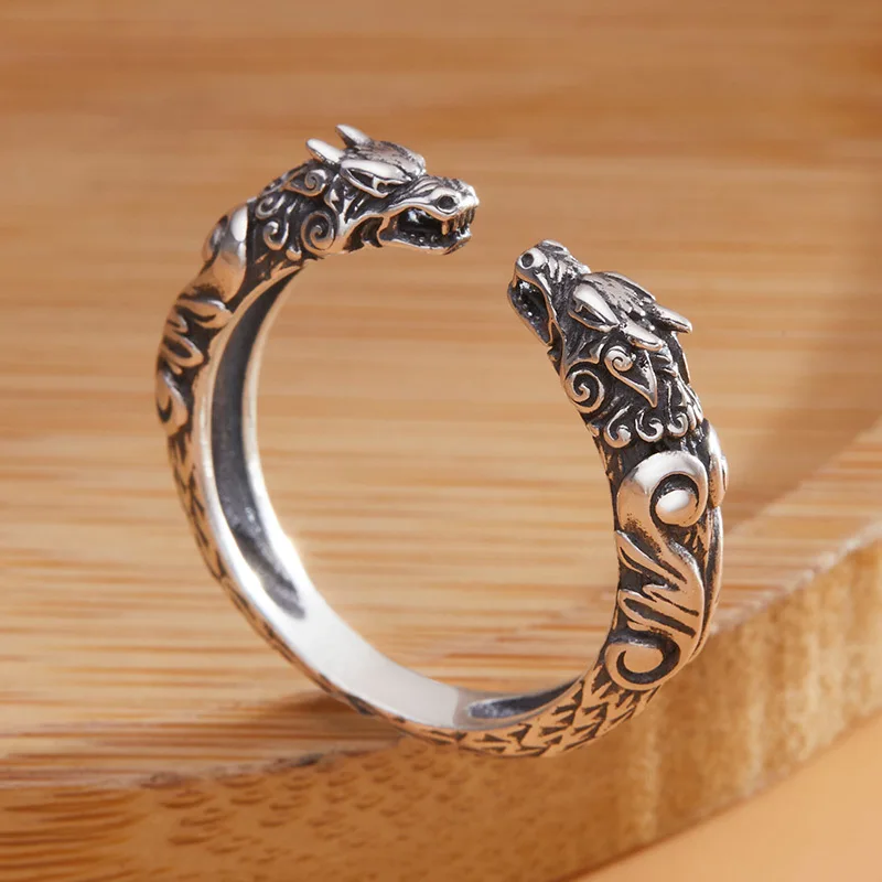 Retro Ethnic Style Twelve Zodiac Double Dragon Head Animal Opening Adjustable Ring Men's Lucky Wealth Ring Jewelry