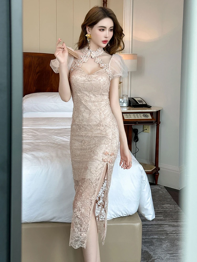 New Summer Lace Elegant Luxury Evening Dress Women Clothes Sweet Hollow Sexy Puff Sleeve Slim Party Birthday Robe Vestido Fiesta