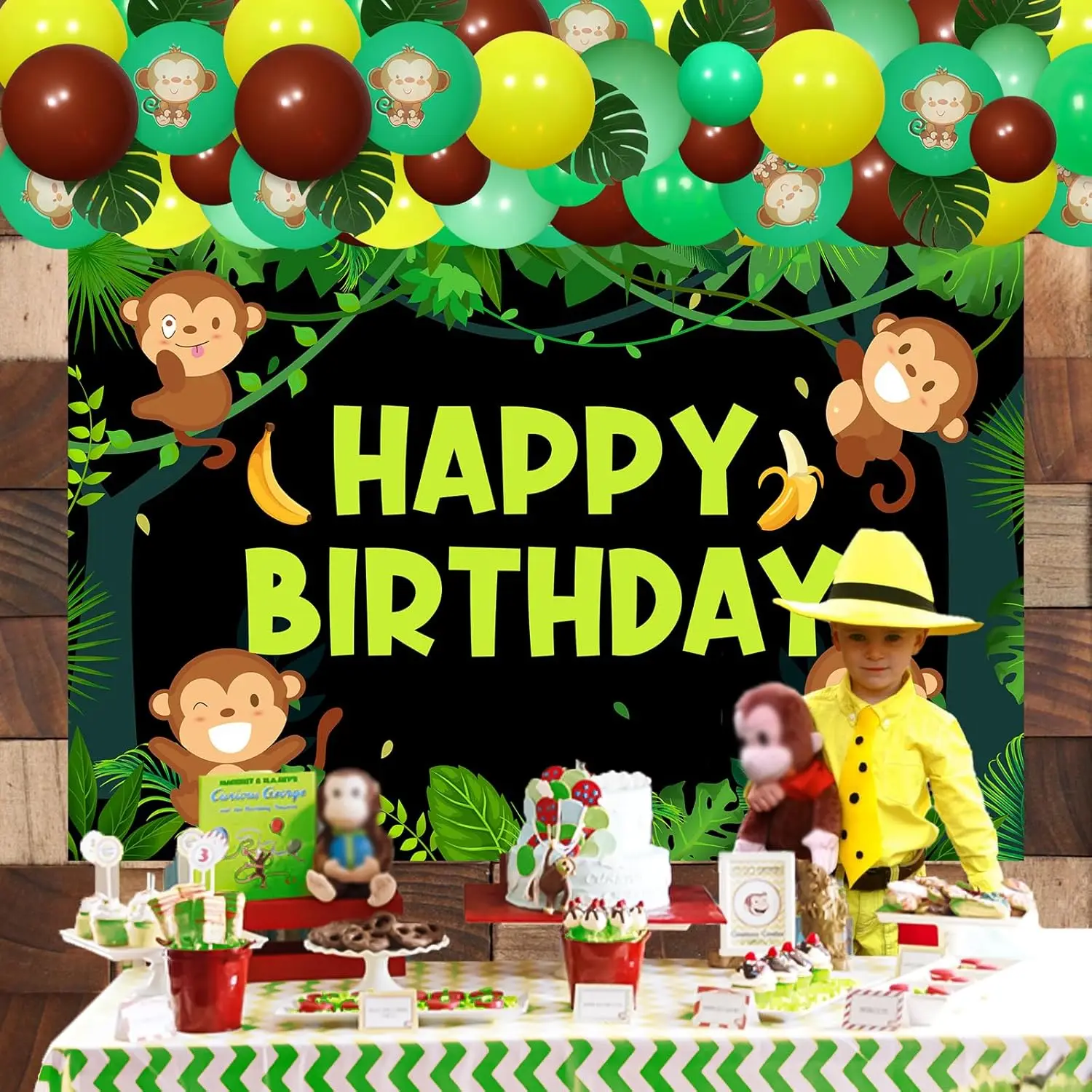 Funmemoir Monkey Birthday Party Decorations Monkey Balloon Garland with Backdrop Monkey Banana Foil Balloons Artificial Leaves