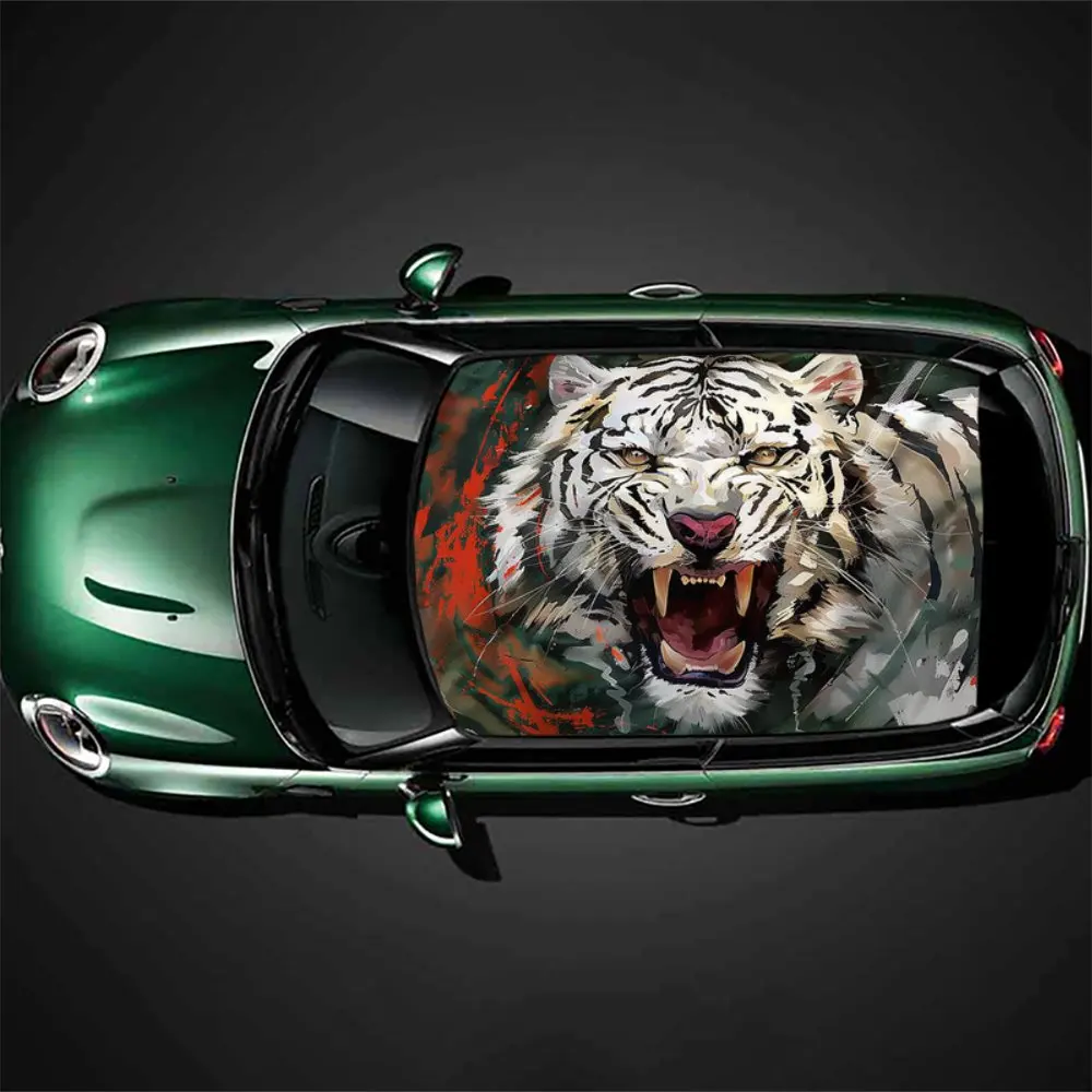 

Angry Tiger with Big Mouth Roaring Car Roof Sticker Wrap Racing SUV Auto Accessories Packaging PVC Car Hood Graphic Decal Decor