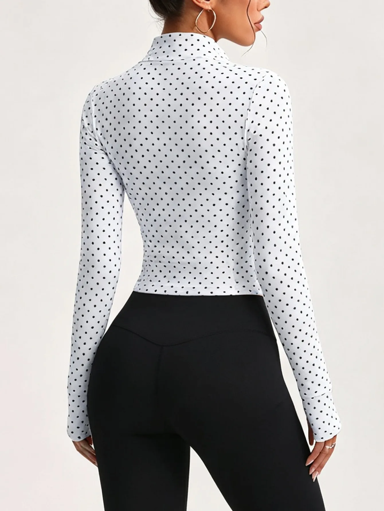 White Polka Dot Stand Collar Zipper Sports Jacket, Short And Slim-Fitting Long-Sleeved Fitness Yoga Top