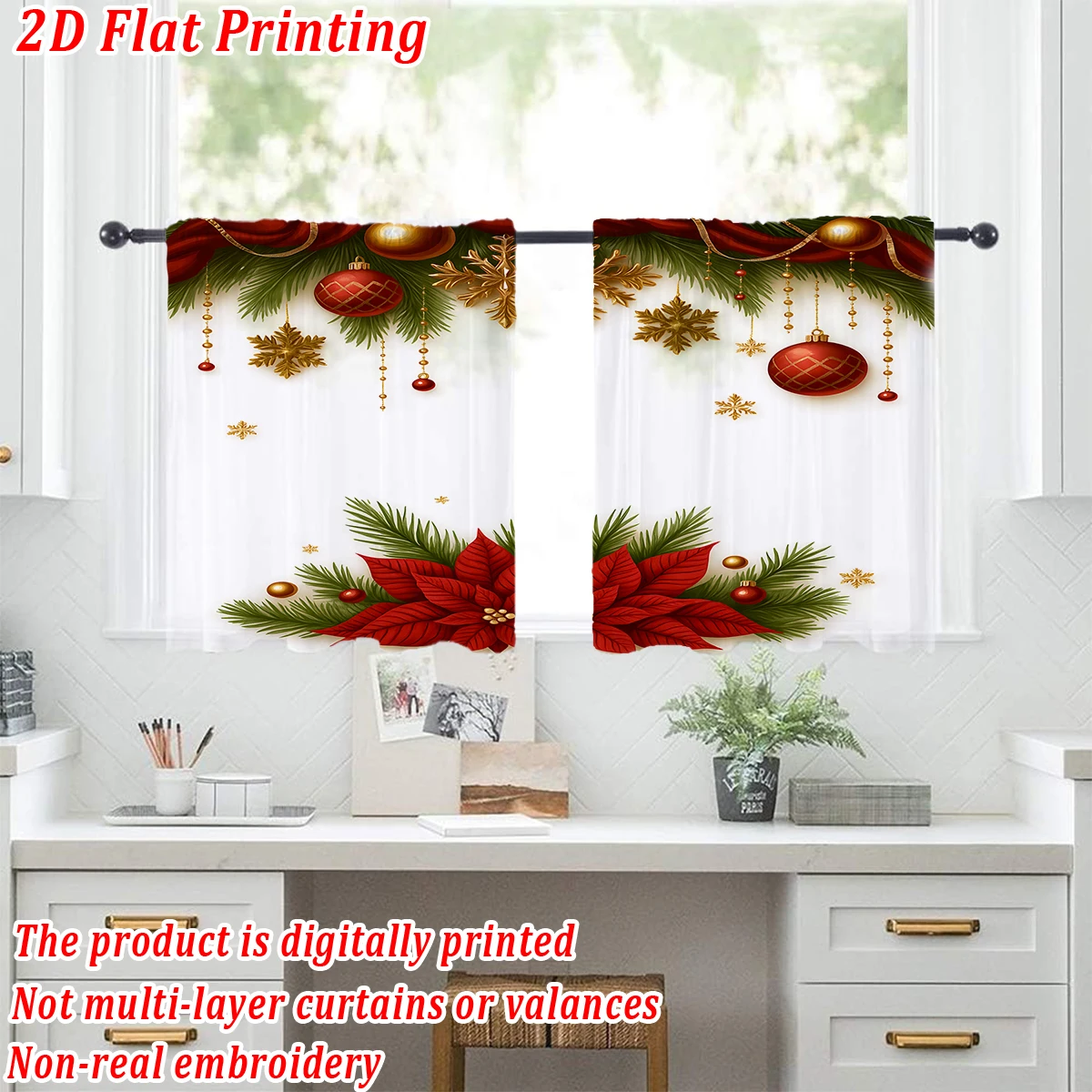 Christmas Flat Printing Kitchen Sheer Curtain with Merry Christmas Ball Snowflake Poinsettia For Christmas Home Decor  Party