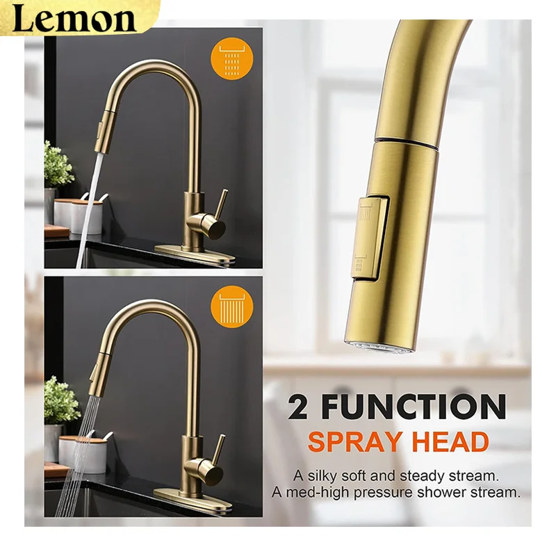 CHOOXIWU-Brushed Gold Kitchen Faucet Pull Out Kitchen Sink Water Tap Single Handle Mixer Tap 360 Rotation Kitchen Shower Faucet