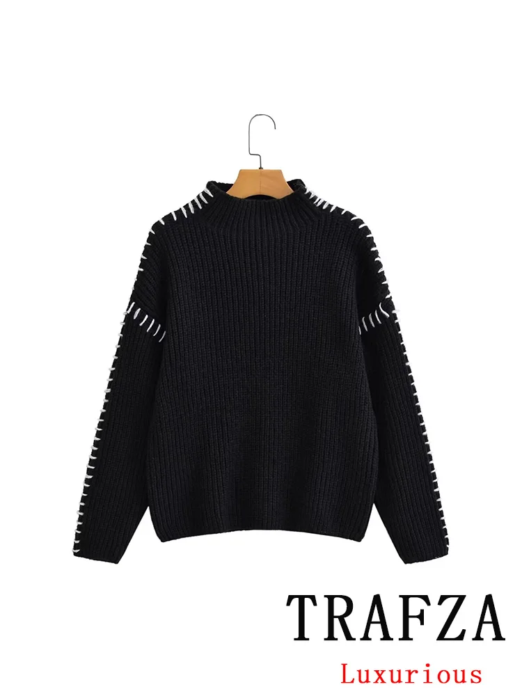 TRAFZA Vintage Casual Women Sweater Solid O-Neck Spliced Long Sleeve Knitted Loose Sweater Fashion 2024 Autumn Holiday Sweater