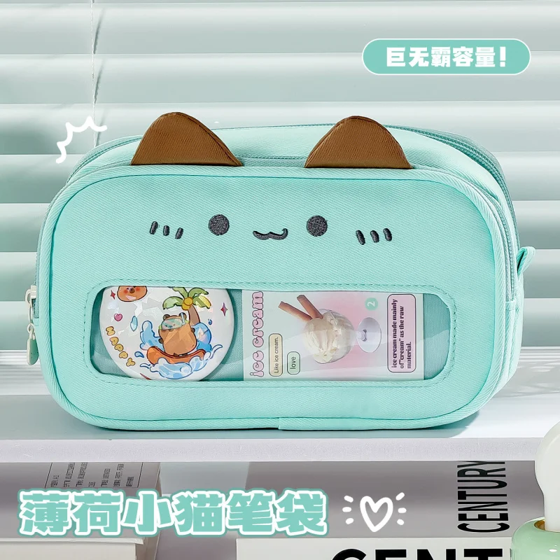 Cute Mint Cat Ita Bag Pencil Case 3D Cat Ear Clear Window Large Capacity Kawaii Student Stationery Pouch for Girls