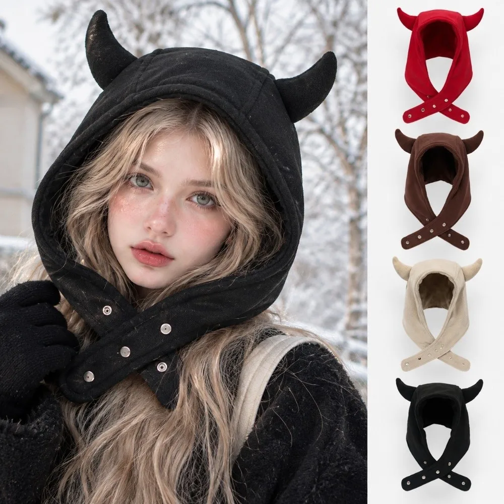 Devil Horn Winter Bomber Hats Fleece Warm Ear Protection Cycling Cap Adjustable Cute Women's Cap Outdoor Cycling Headwear
