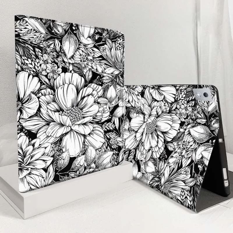 

Черно-белый чехол с цветочным рисунком для планшетов Lenovo Pad Legion Xiaoxin Tab Y700 K10 M10 P11 3rd Pro GT Plus Gen 5G