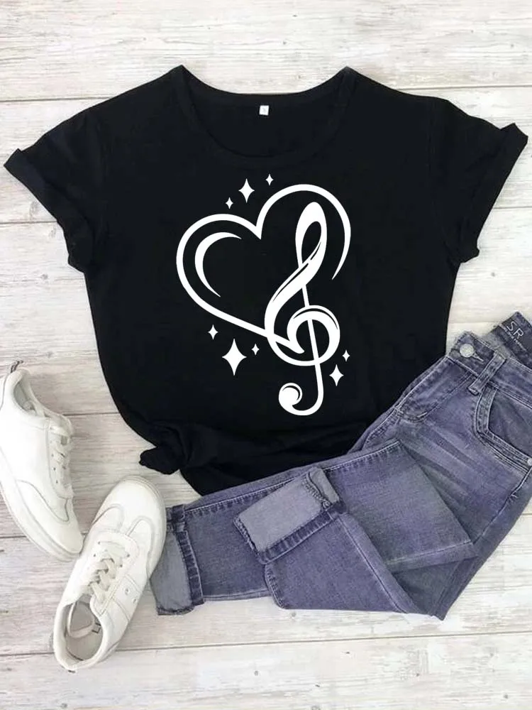 Camiseta con estampado de nota Musical para mujer, remera estampada Harajuku, camisetas informales para mujer