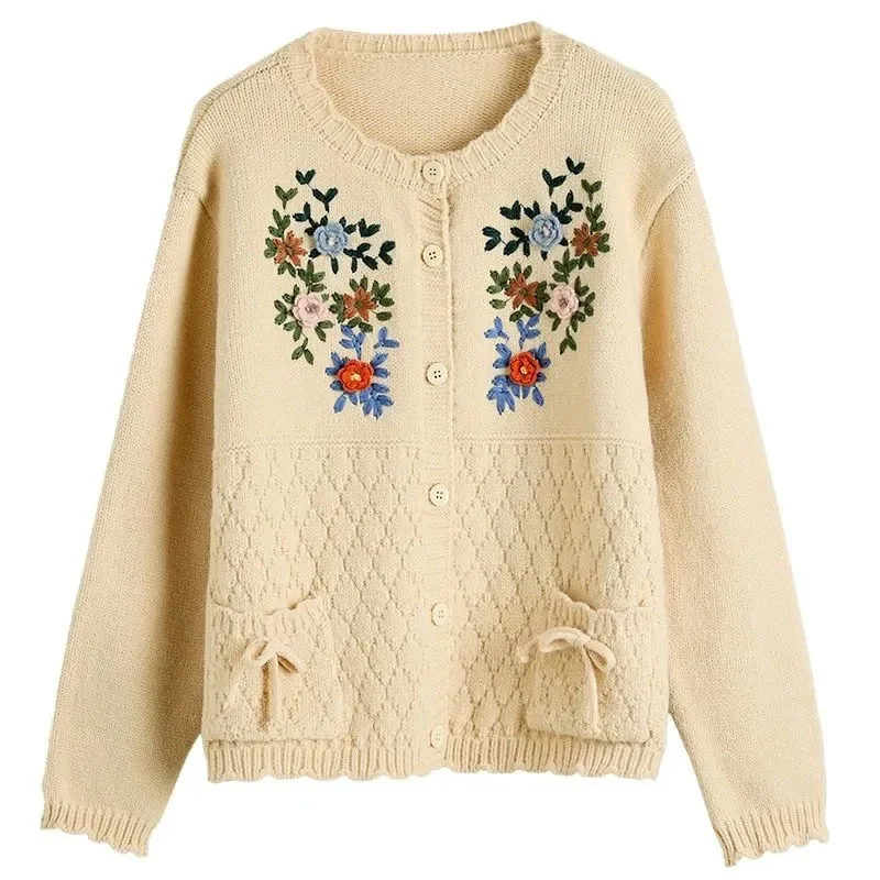 New Autumn Korean Embroidered Knitted Cardigan Women's Loose Long Sleeve Sweater Female Elegant Knitwear Jacket Tops Ladies