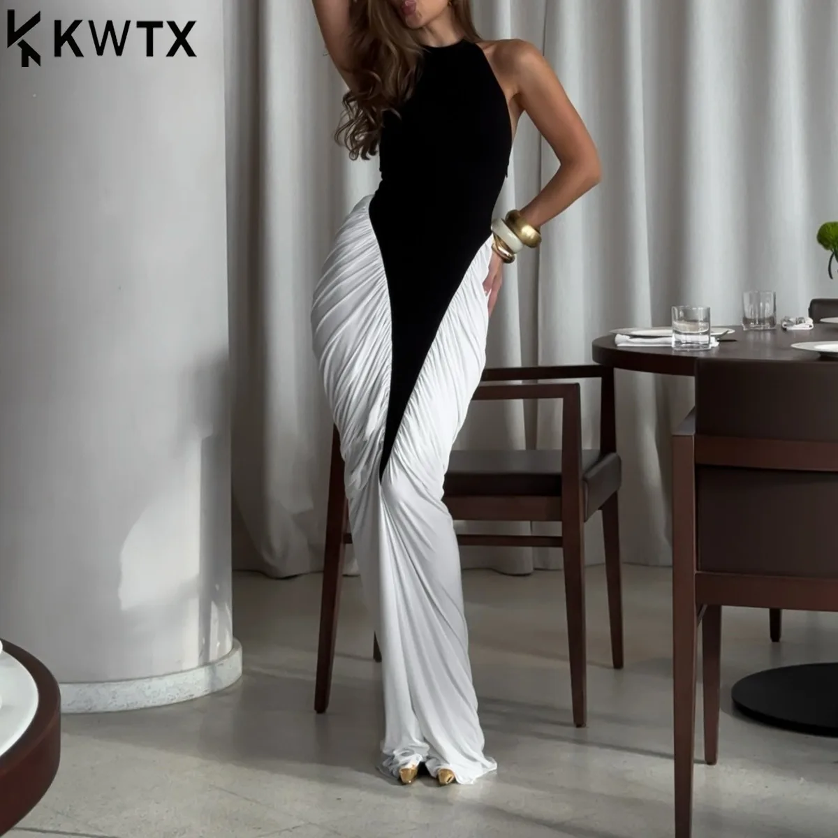 Suknia wieczorowa KWTX 2026, elegancka satynowa plisowana czarno-biała sukienka bodycon, seksowny luksusowy design, na wiosnę, lato, na wieczór.