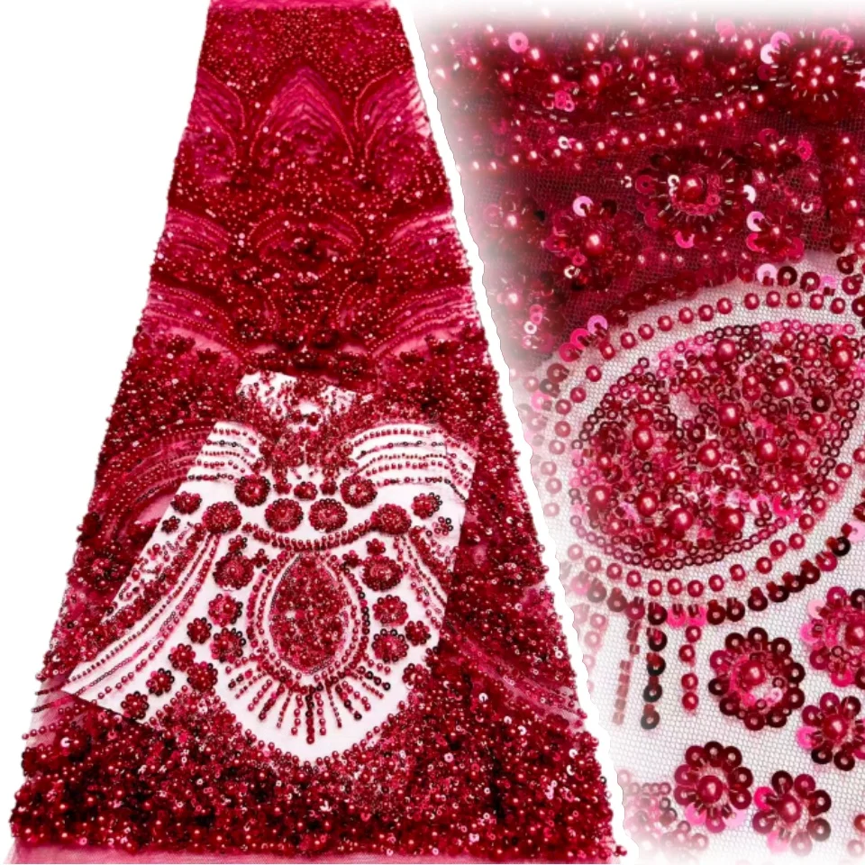 

5 Yards African Sequins Lace Fabric High Quality Nigerian French Tulle Beaded Lace Fabrics for Sewing Wedding Party Dresses 1961