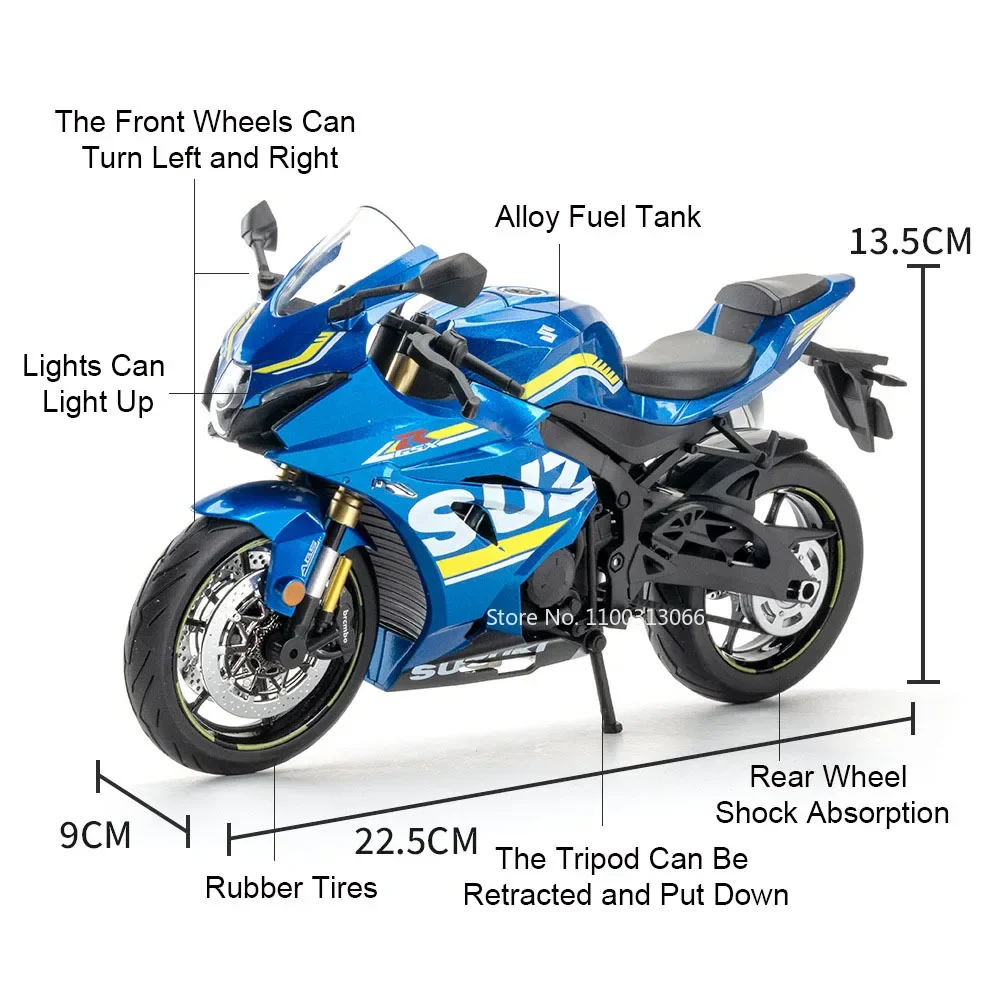 1:9 SUZUKI GSX-1000R modele motocykli samochody zabawki ze światłem miniaturowy Model koła kierownicze gumowe opony motocykle chłopcy prezenty