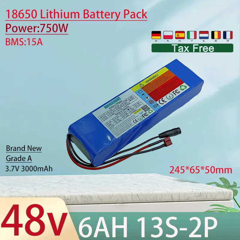 

NEW 48V 6Ah 18650 lithium battery pack 13S2P 750W motor with built-in BMS