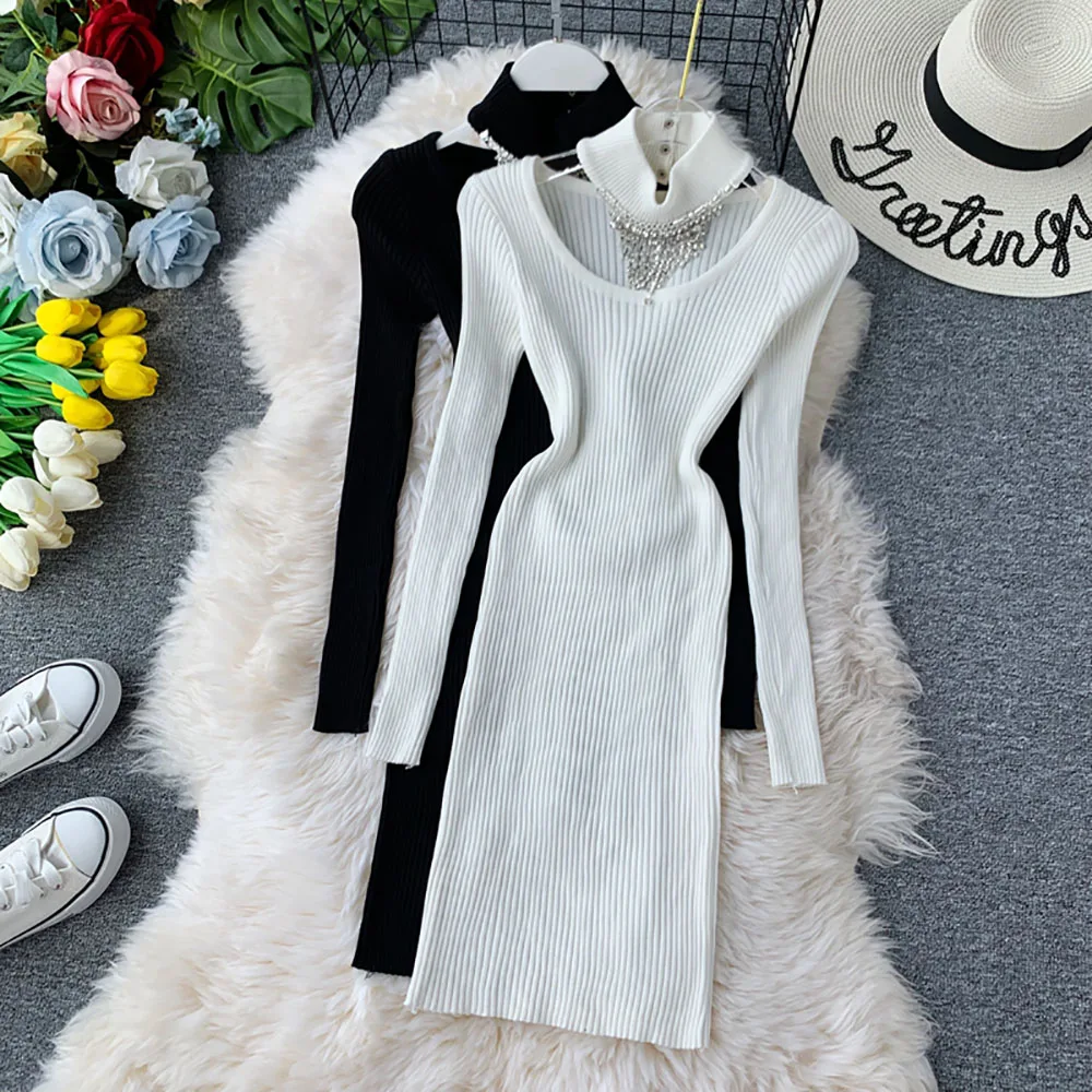 

Mid-Length Tassel Halter Knitted Dresses Women 2022 Autumn Winter Fashion Temperament Sexy Package Hip Base Sweater Dress