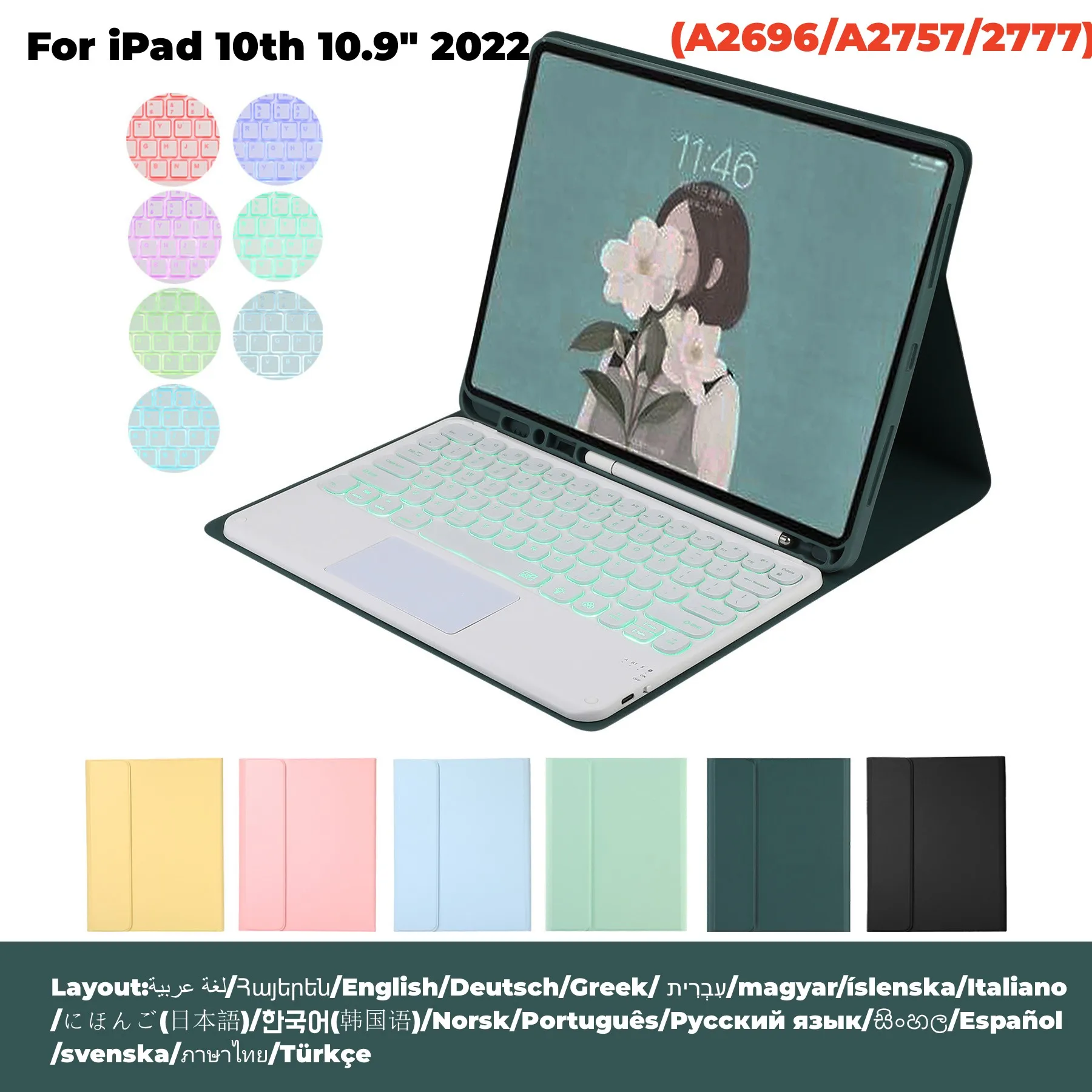 

Backlit Keyboard Case iPad 10th Generation 10.9" 2022 Bluetooth Wireless Mouse Cover Touchpad RGB Keyboard Kit Funda Stand