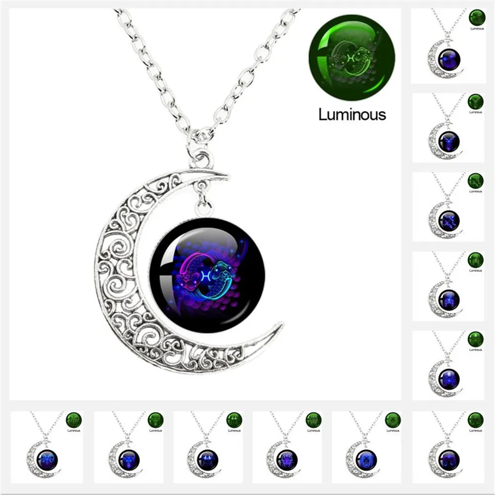 Luminous 12 Constellations Zodiac Signs Necklaces Crescent Moon Pendant Chains Necklace for Women and Men Birthday Jewelry Gifts