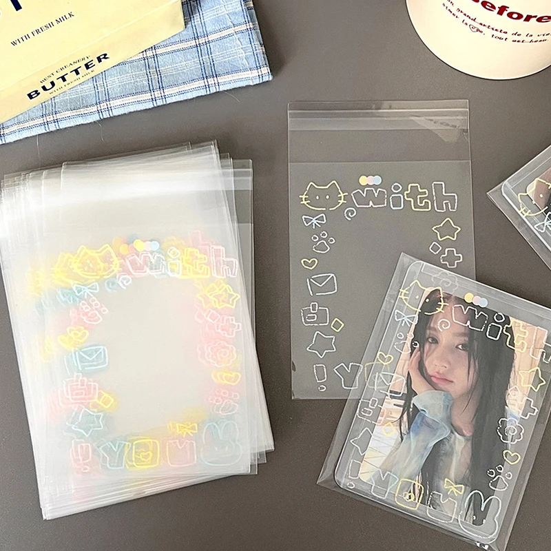 50Pcs Transparent Cute Graffiti Kitten Self-adhesive Opp Bag Kpop Idol Photo Cards Protective Storage Bag Photocard Card Sleeves