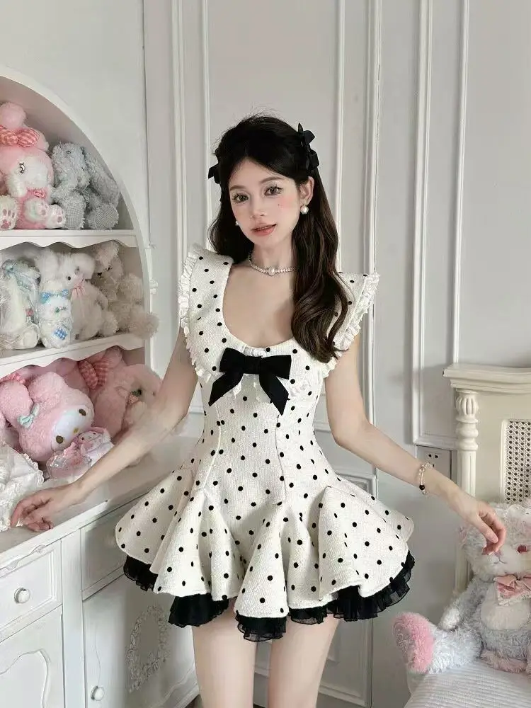 Sommerliches Y2K Süßes Neues Damenkleid mit Schleife, Spitze, Knöpfen, Blumenmuster, Feen-Stil, schmal geschnitten, koreanische Mode, Punktmuster, Lolita Prinzessinnen-Tüllrock