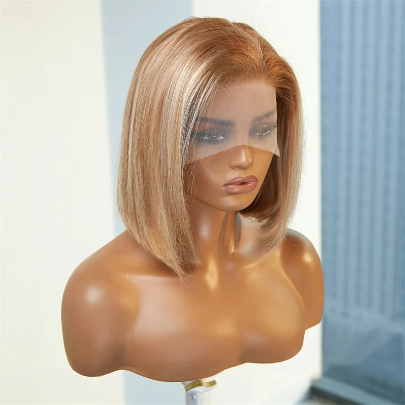 Kurze Ombre Honig blonde Bob Perücke mit Babyhaar Honig braun gerade Echthaar Perücken Spitze Teil blonde braune Perücken für Frauen