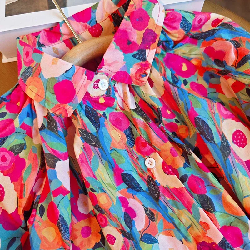 1-8 Years Oil Style Full Print Flower Spring Autumn Girls Dress Full Sleeve Lapel Single Breasted Princess Dress For Girl