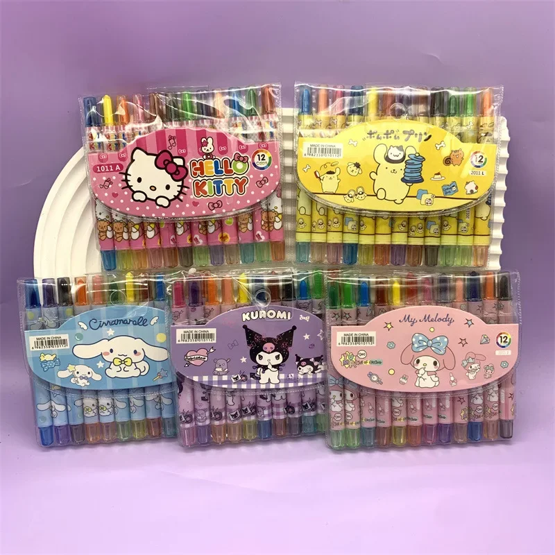 12Pcs/set Sanrio Cinnamoroll Mymelody Kuromi Kawaii Non-Toxic Crayon Oil Painting Stick Kids Student Pastel Pencils Gift