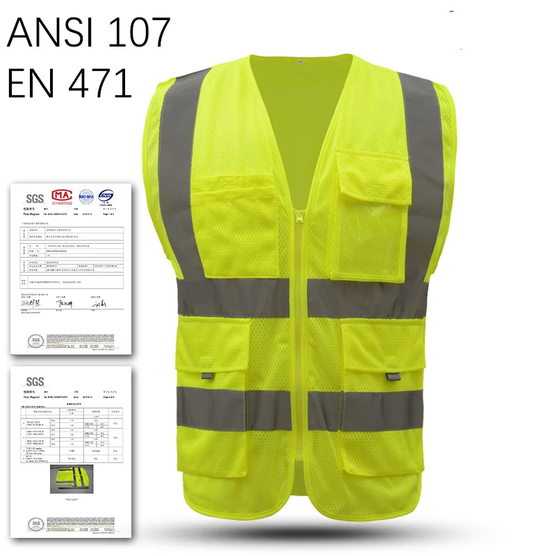 Hi Vis Fluorescent Yellow Safety Vest With Customized Logo Construction Vest Reflective With Pockets And Zipper For Men Workwear