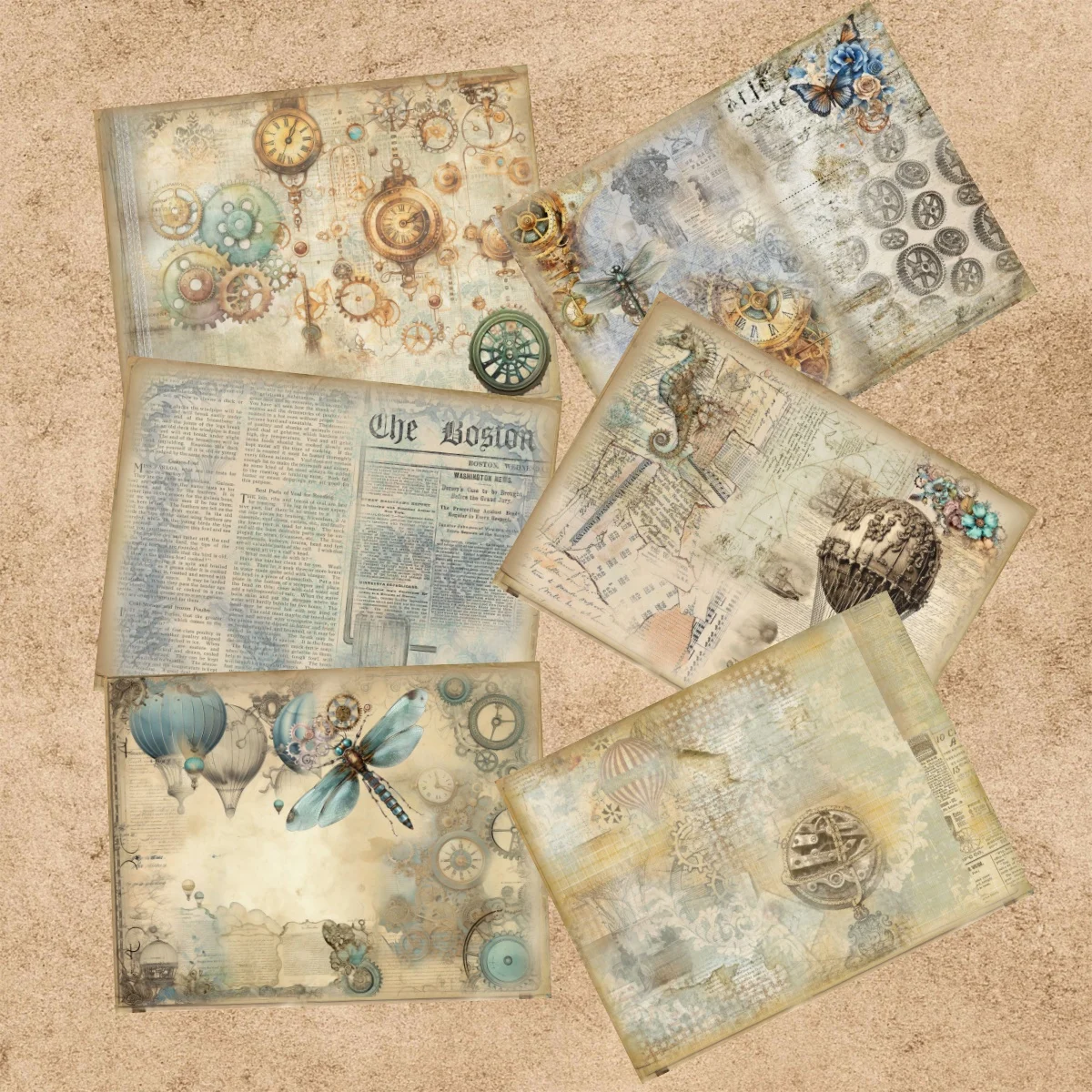 12 vellen A5-formaat Steampunk luchtschip gemaakt van oude krant portret achtergrond Vintage Grunge Journal Planning Scrapbooking