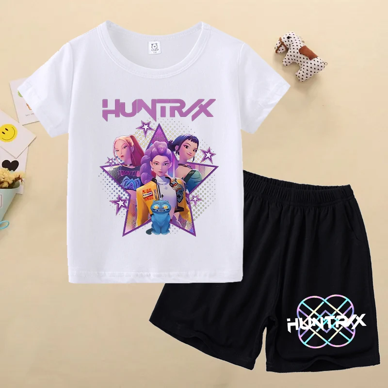 

Детские футболки с шортами K Pop Demon Huntersd, комплект из 2 предметов, футболки с мультяшным принтом, детские повседневные топы с короткими рукавами, одежда для мальчиков и девочек