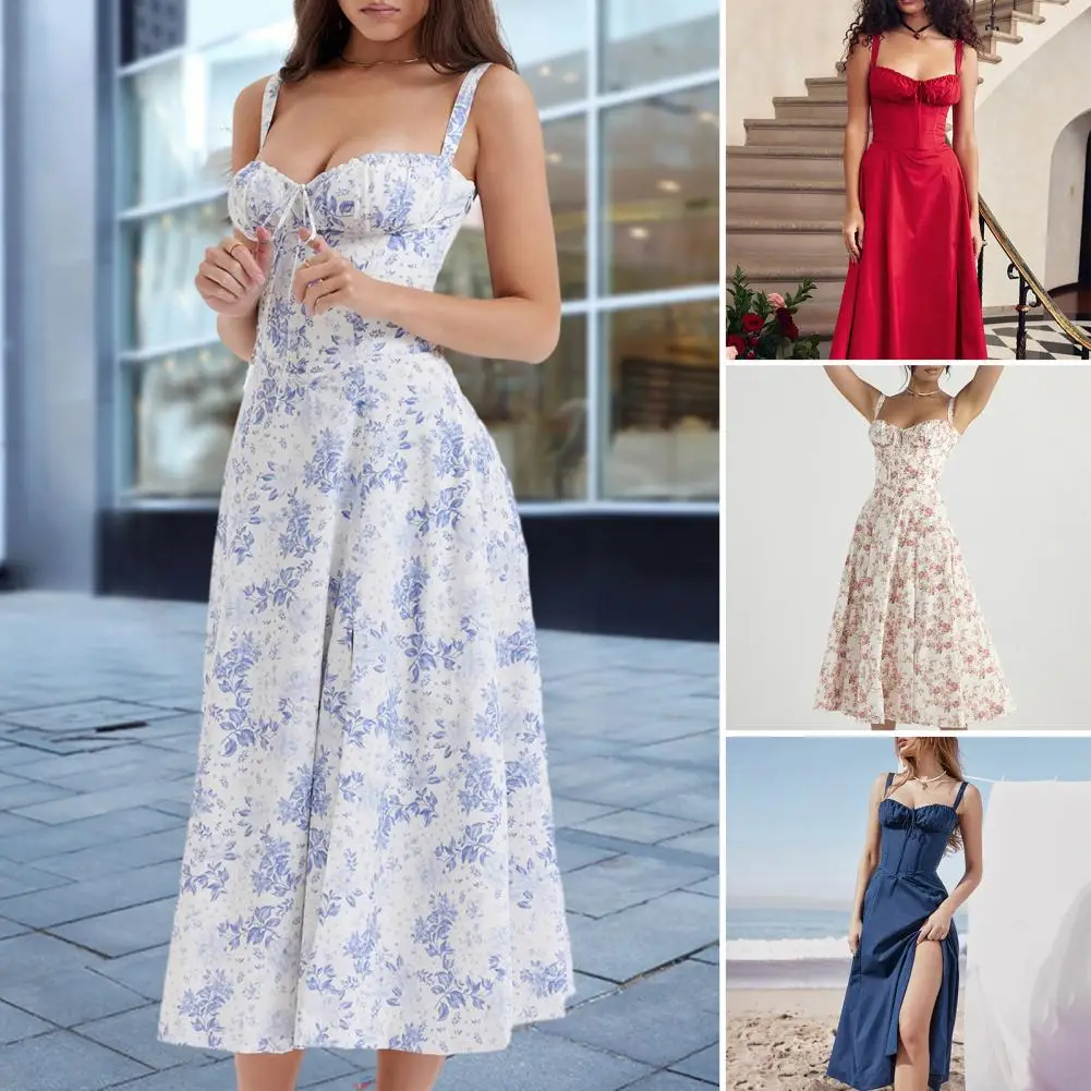 Sleeveless Party Dress Elegant Lace-up Bandeau Dress with Corset Design Side Split Hem Women's Floral Print Midi Dress for Slim