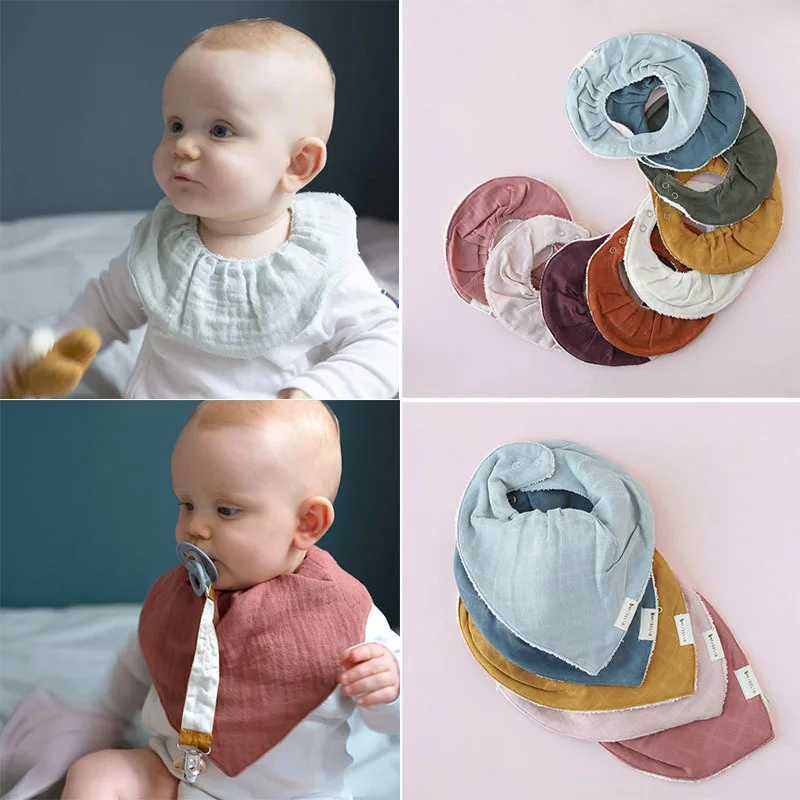 

Baby Gauze Saliva Towel Round Saliva Bib Cotton Infant Solid Color Button Soft Triangle Towel Baby Bib Newborn Accessories