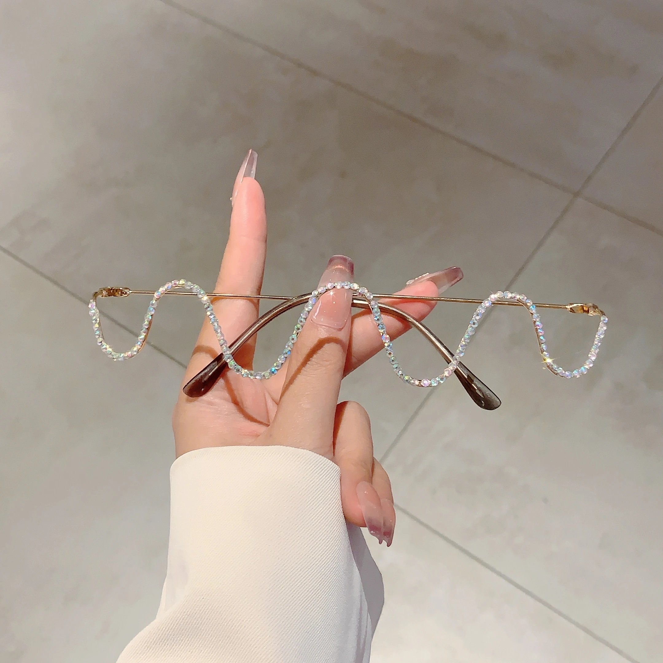 KAMMPT Wave Shape Glasses Frames Women Stylish Semi Rim Metal Eyeglasses without Lenses Ins Trendy Rhinestones Decorated Eyewear