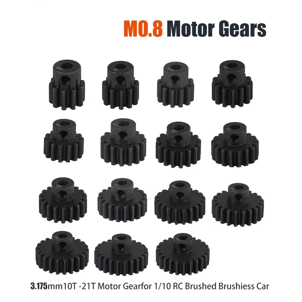 M0.8 3.175mm Motor Gear 10T 11T 12T 13T 14T 15T 16T 17T 18T 19T 20T 21T Hardened Steel Metal Pinion for 1/10 RC Car Accessories