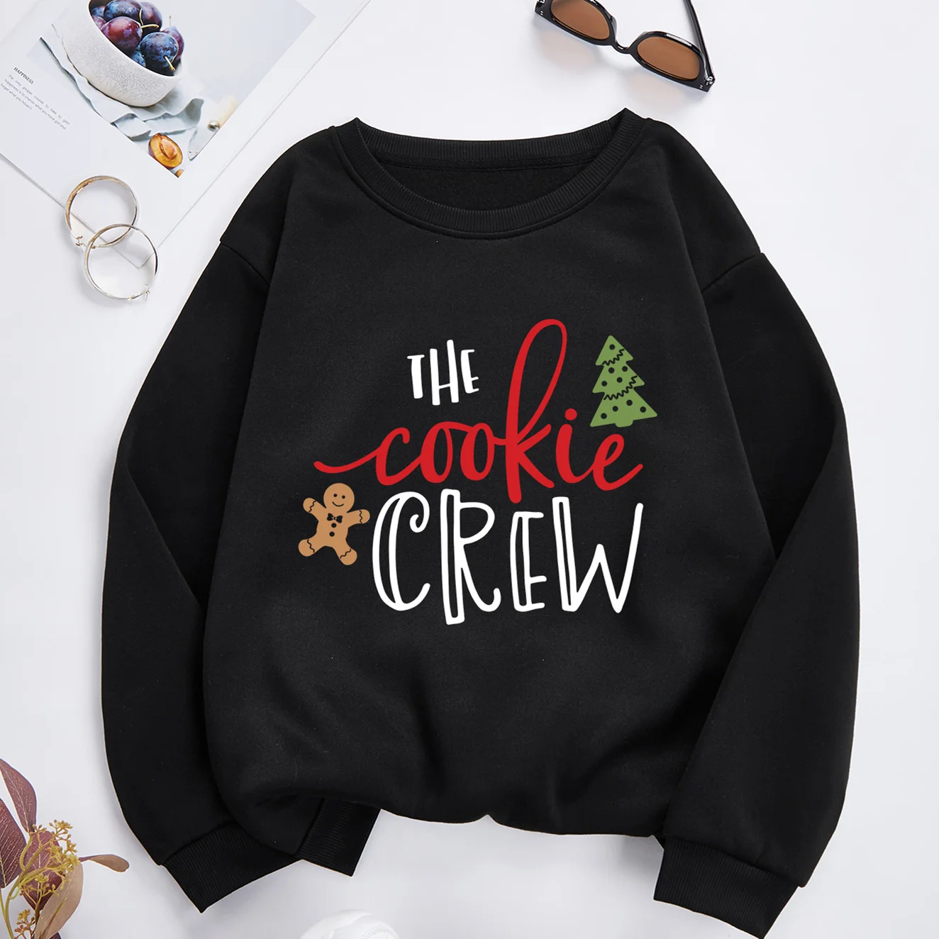 Cookie Baking Crew Festive Christmas Tree Print Women's Fashionable Long-Sleeve Top Merry Christmas Soft Comfortable Fabric