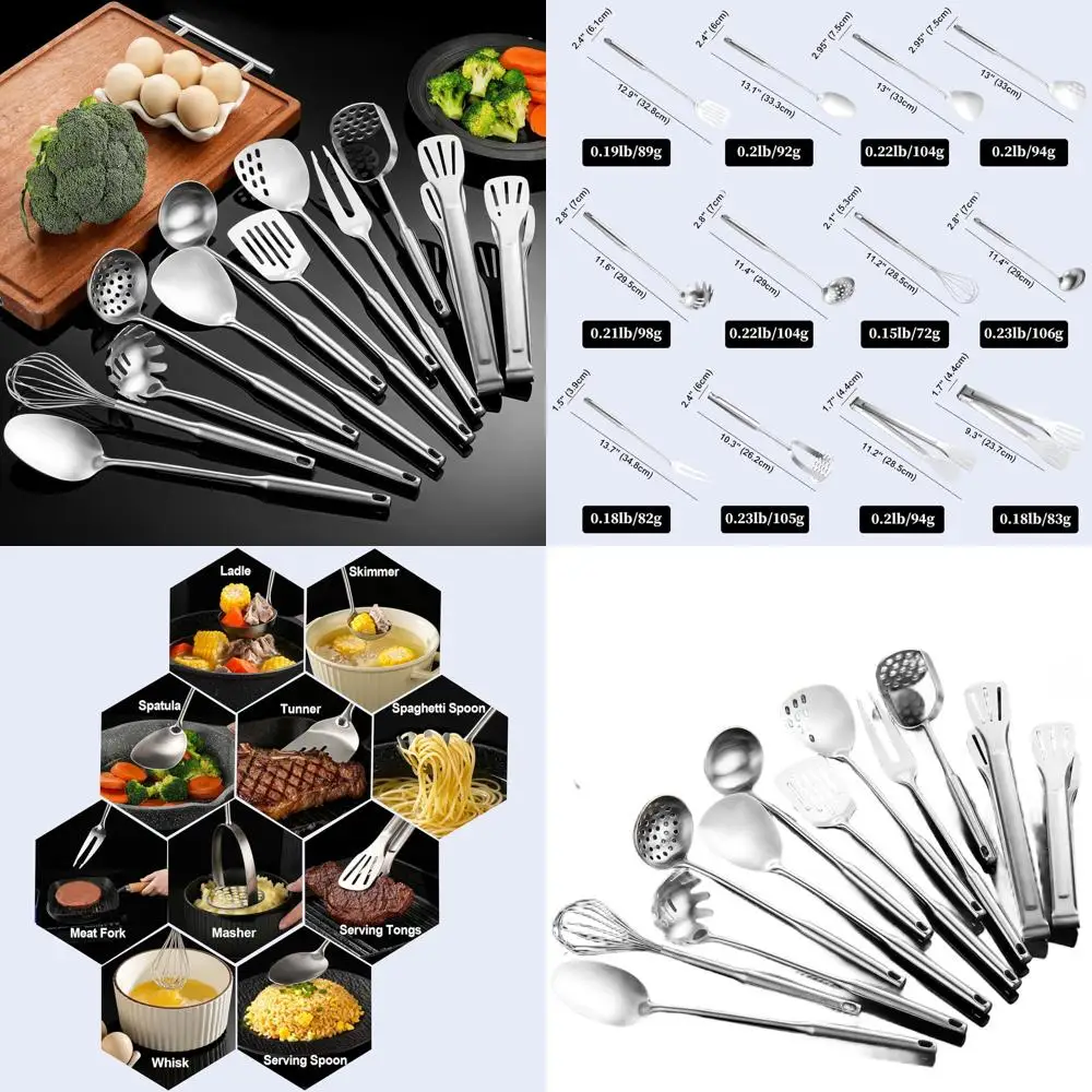

12-Piece Stainless Steel Kitchen Tool Set: Spatulas, Ladle, Skimmer, Turners, Serving Spoon, Spaghetti Spoon, Fork, Masher, Whis
