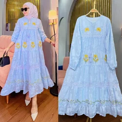 Lace-up Embroidery Long Dress Chiffon Malay Muslim Dress Women Solid Morocco Party Islam Abaya Dubai Arab Kaftan Femme Musulman