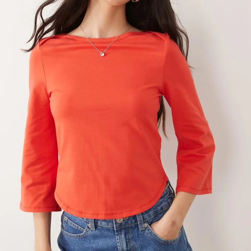 Women Boat Neck 3/4 Flare Sleeve T‑Shirt Casual Solid Color Curved Hem Cropped Top Spring Slim Fit Blouse Daily Basic Tee Shirts