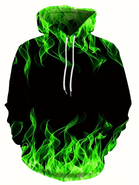 2024 Creative Flame 3D Print Hoodie, Cool Hoodies Mens, Spring Autumn Pullover Hooded Sweatshirt, Oversized Harajuku Y2k Clothes