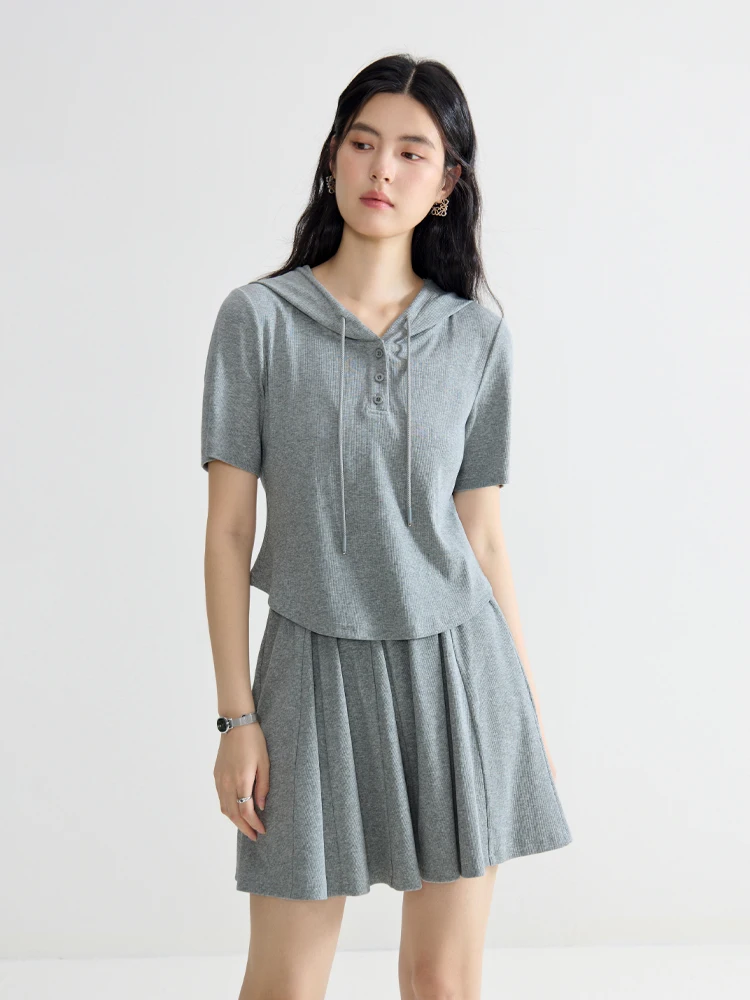 DUSHU Women Summer Knitwear Short Sleeve Hooded T-Shirt+Short Skirt Female Two Sets Grey Pleated Skirts Sets 24DS82763+24DS82824