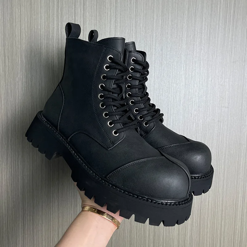 

men's fashion party banquet original leather boots lace-up platform shoes black grey cowboy spring autumn boot motorcycle botas