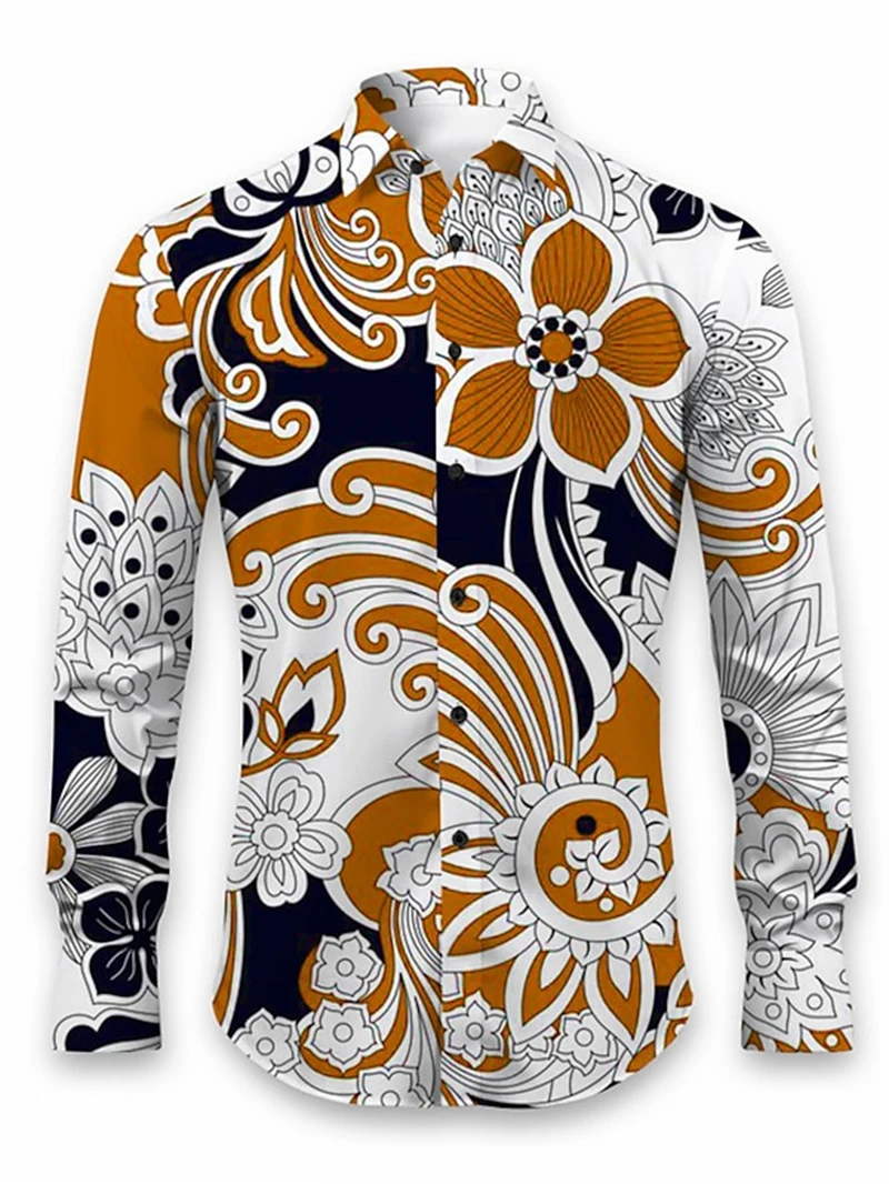 Men's Four Seasons Fashion Flower Element Theme Long Sleeve Top Casual Retro Long Sleeve Shirt Harajuku Street Wear Men's Shirts